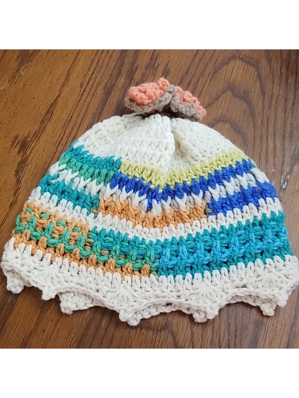 Handmade Crochet Women's Winter Hat in Green and Cream, Never Worn